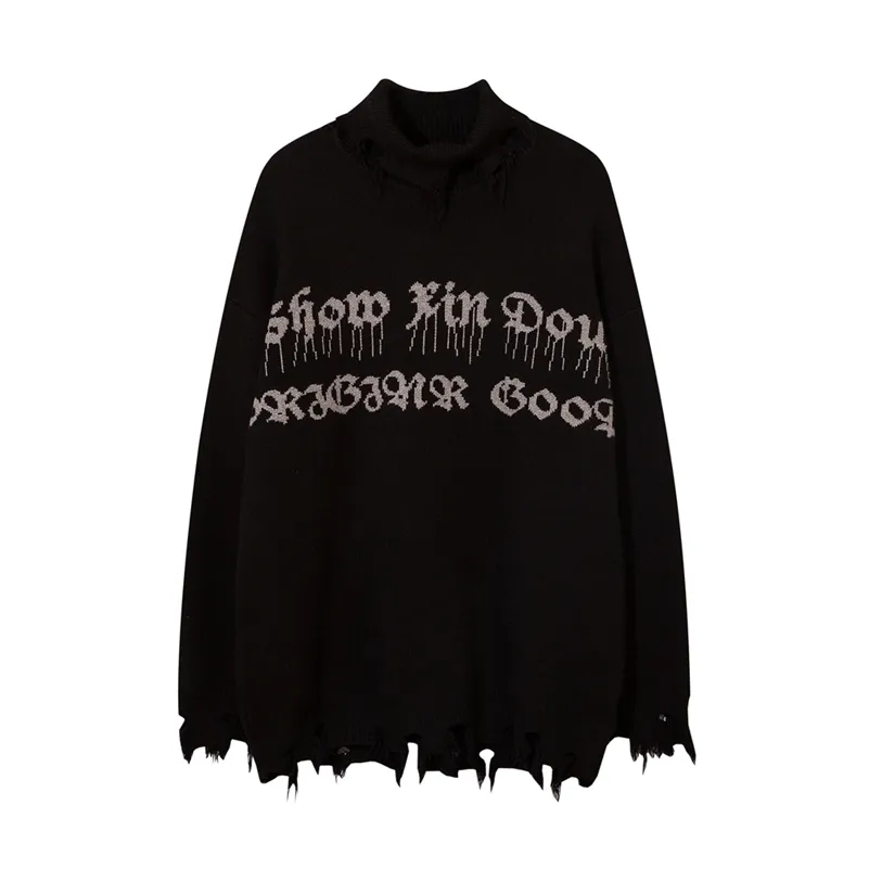Men's Sweaters Half High Collar Goth Women Oversized Long Sleeve Knitted Pullovers Y2k Ripped Sweater Harajuku Streetwear Tops 220930