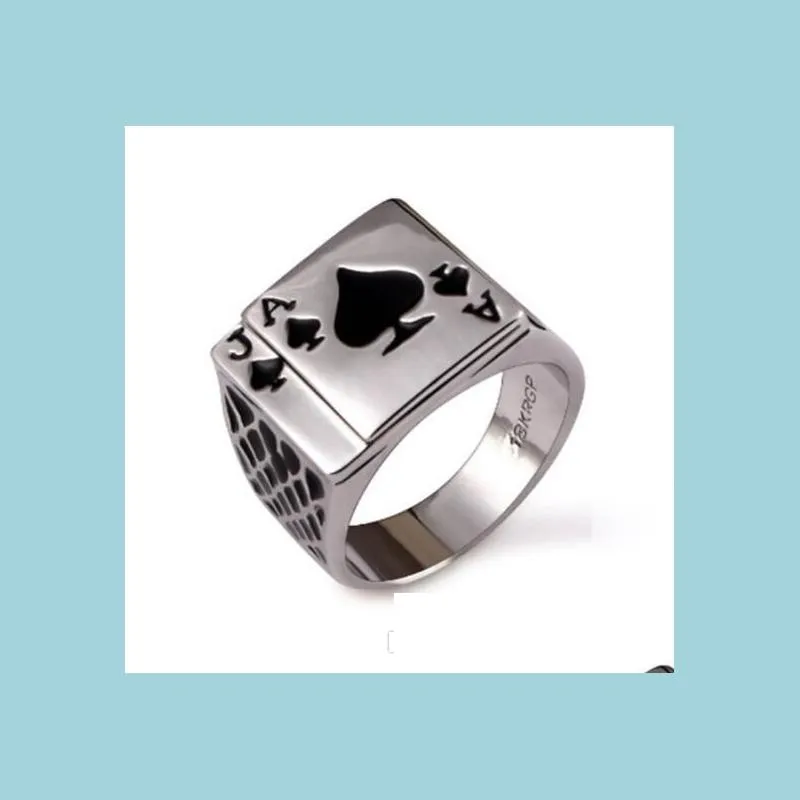 クラスターリングパンクロックエナメルブラックオイルポーカーカードスペード男性指輪アロイゴシックスキルハンドクラウリングトランプジュエリーD DH2HP