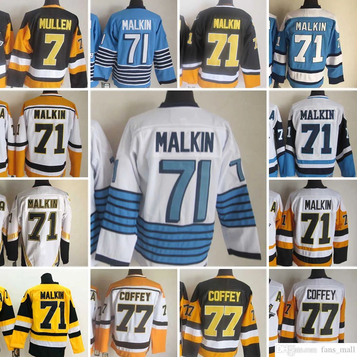 Film CCM Eski Buz Hokeyi 71 Evgeni Malkin Formaları 77 Paul Coffey 7 Joe Mullen Erkekler Nakış Jersey Beyaz Siyah Sarı Mavi