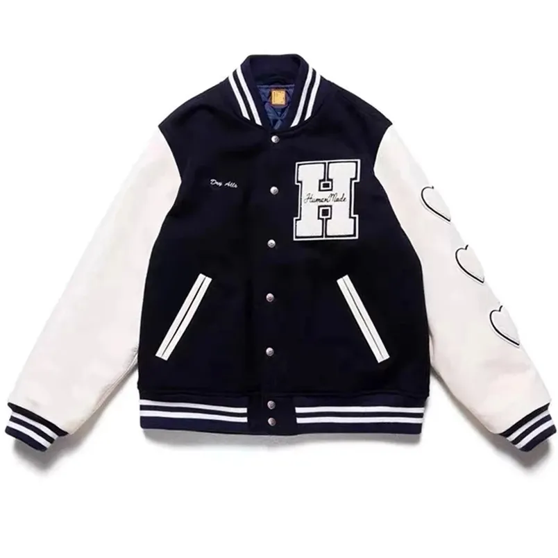 Men's Jackets H Letter Baseball Varsity Jacket Men Oversize Women Coats Leather Sleeve Navy Blue Heart Flock Vintage Baggy Jaqueta Masculina 220930