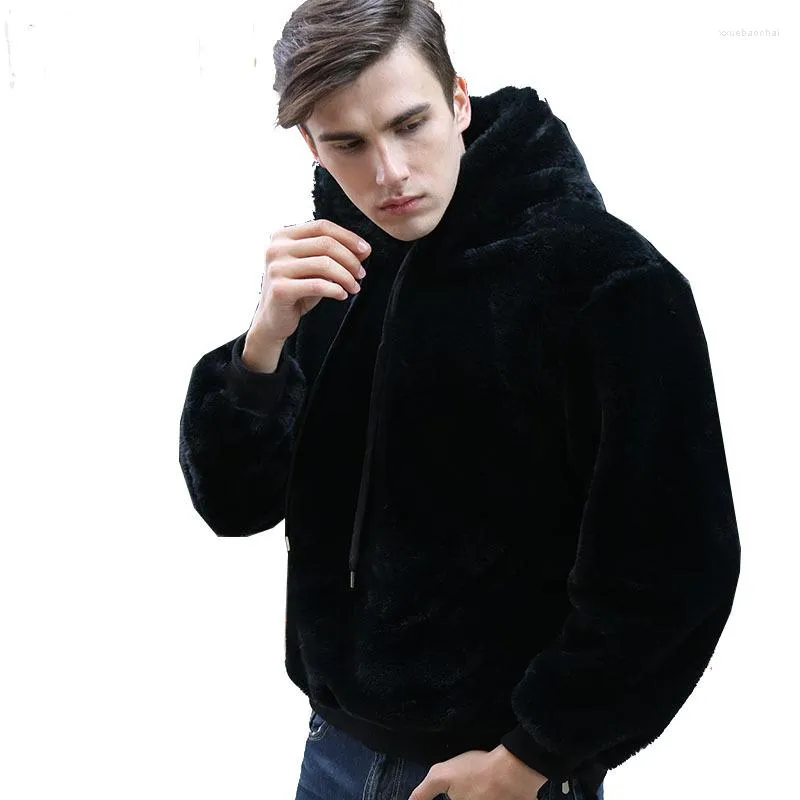 Men's Hoodies Fashion Faux Fur Fleece Fluffy Hoodie Men Casual Black Plush Hooded Sweatshirts Winter Long Sleeve Warm Thicken Coats