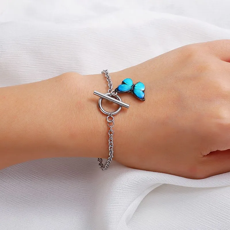 Fashion Design Blue Butterfly Charm Bracelets Pendant Link Chain Bracelet for Women Punk Street Girl Party Jewelry Gifts