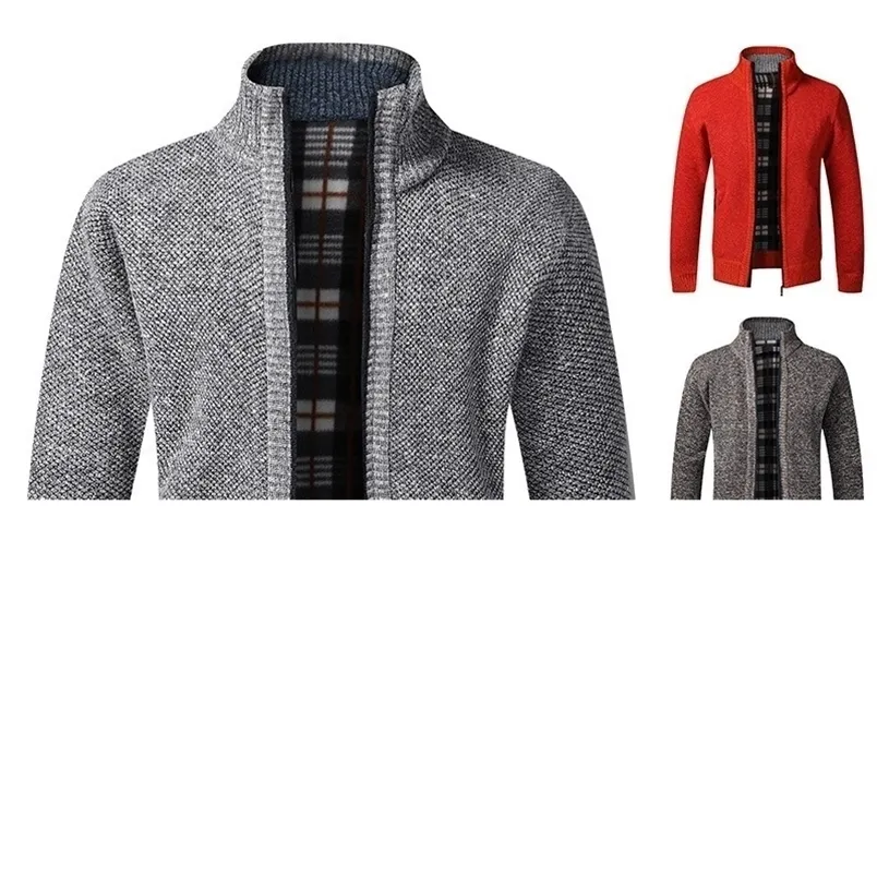 Herrtr￶jor Cardigan tr￶ja faller vinterplysning f￶rtjockning fast f￤rgstativ krage fleece full zip stickad casual manlig kl￤drock 220930