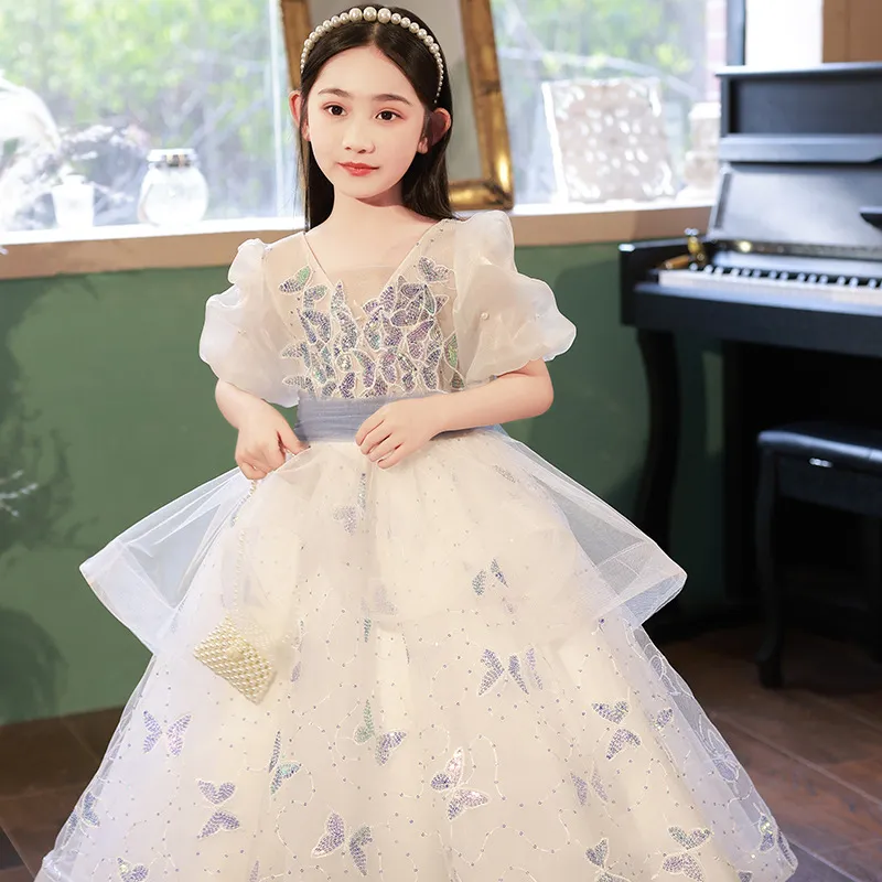 2022 Design Flower Girls Dresses For Weddings Long Sleeves Gold Sequin Pageant Party Gowns First Holy Communion Dress for Child Teens Custom