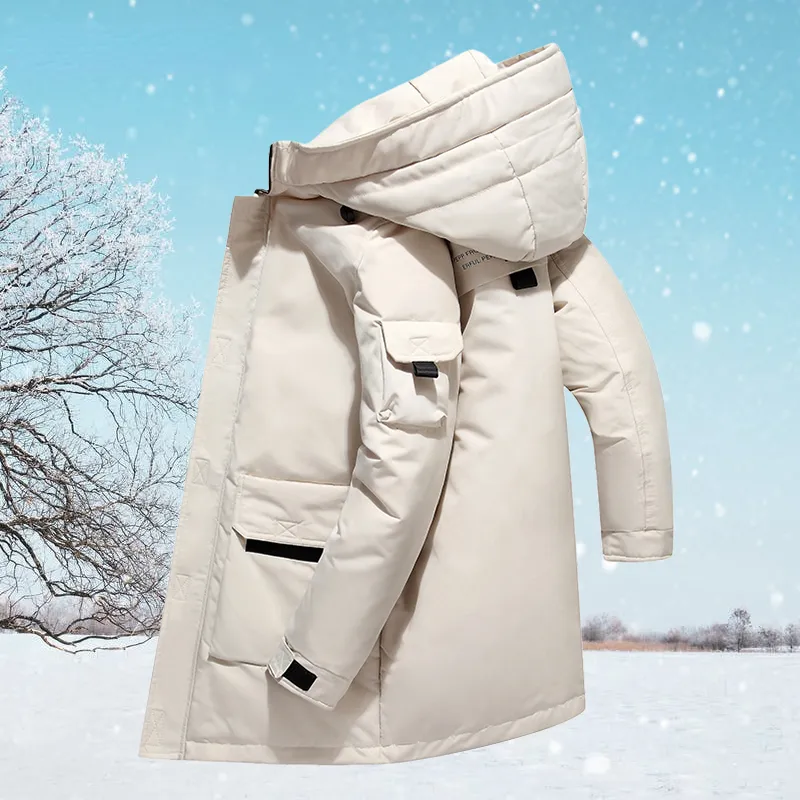 Winter Warme Männer Parkas Jacken Verdicken Herren Lange Weiße Ente Daunenjacke Feste Kapuze Outwear Outfits Winddicht Puffer Mantel