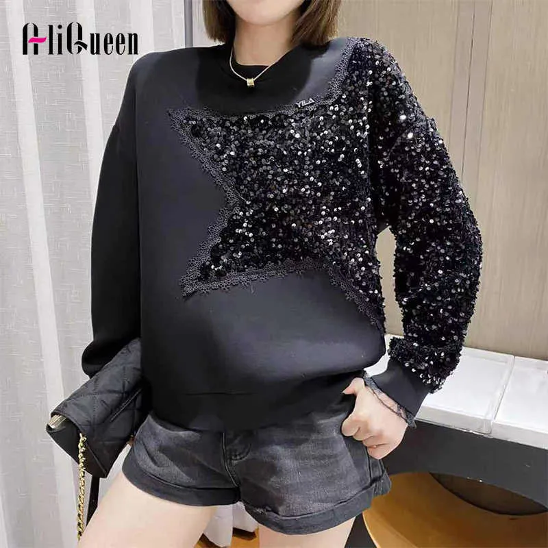 Women's Hoodies Sweatshirts Kawaii Cotton Star Long Sleeve Lace Patchwork Sweatershirts Harajuku Hoodie Aesthetic Women Black O Neck Sequins Hoodies Winter