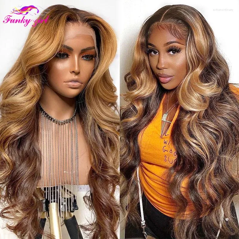 4/27 Highlight Wig Brazilian Body Wave Spets Front Human Hair Wigs Transparent 13x1 Honey Blonde Ombre Color 180%