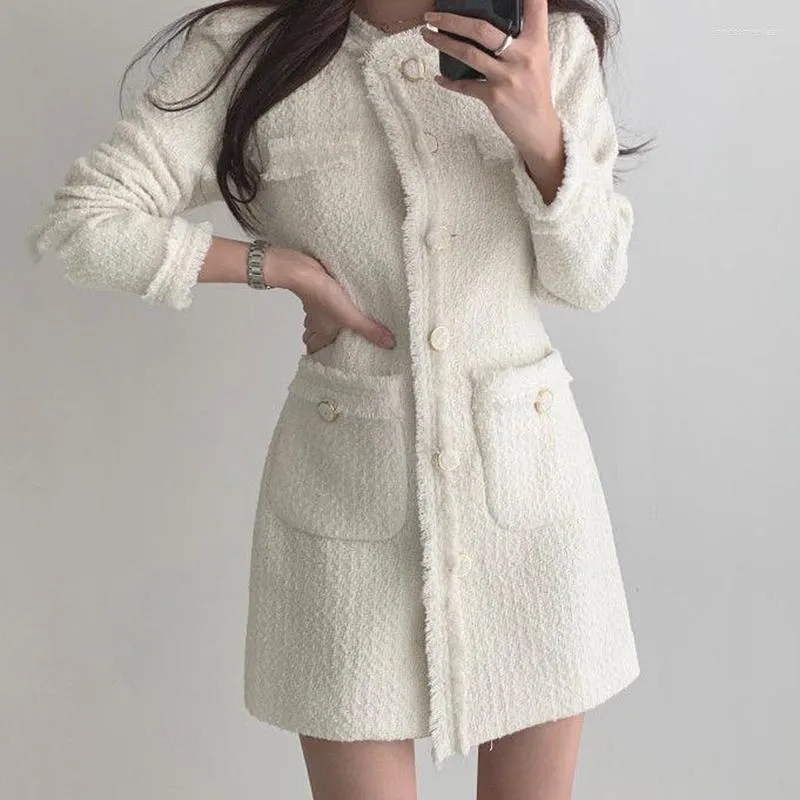 Mini Fairy Tweed Dress Round Neck Loose Single Breasted One Piece Dress Long Sleeve Female Tide