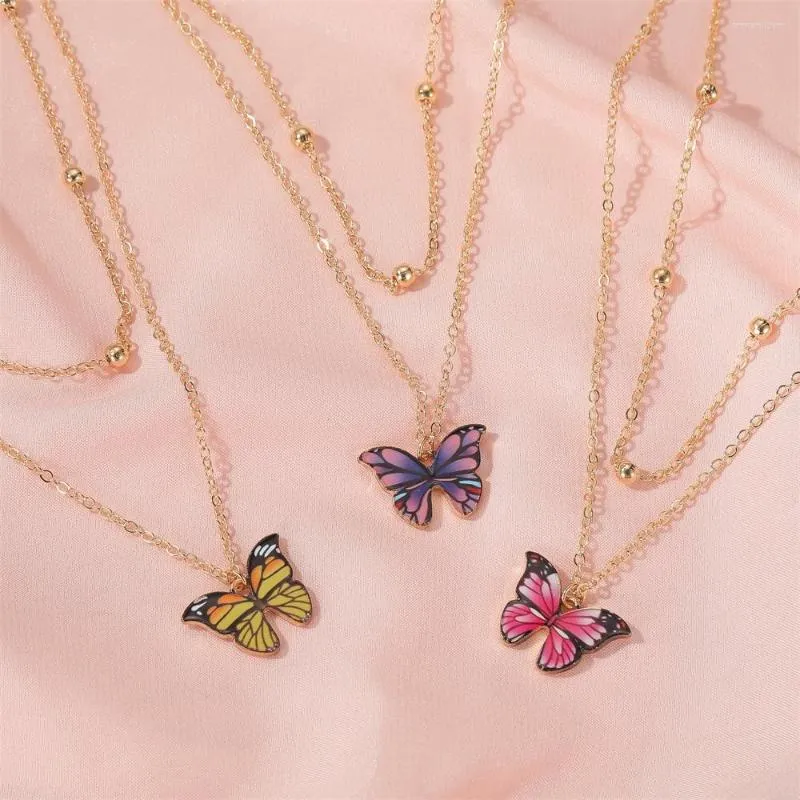 Choker Violet / Jaune / Rose Papillon Métal Double Couche Collier Pour Femmes À La Mode Simple Sauvage Pendentif Dangle Clavicule Chaîne Bijoux Cadeau