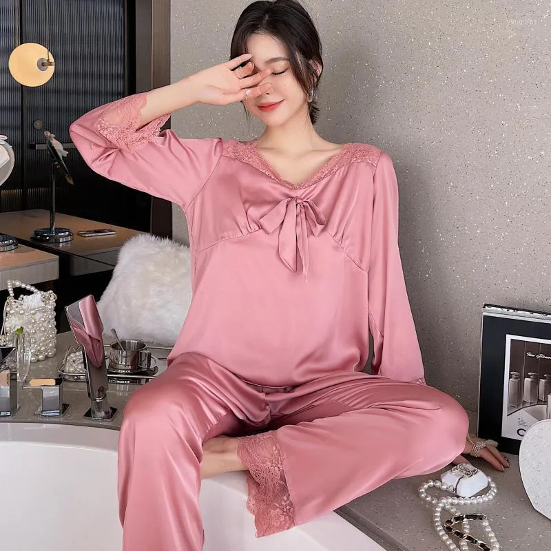 Accueil Vêtements Dentelle Patchwork Femmes Pyjamas Ensemble Doux Vêtements De Nuit Satin 2 PCS ShirtPants Casual Lounge Wear Pyjamas Automne Vêtements