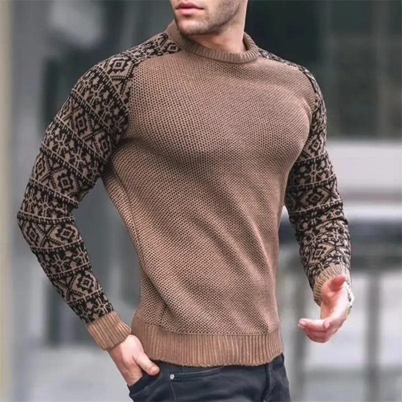 Men's Sweaters Vintage Pattern Patchwork Long Sleeve Sweater Men Autumn Fashion Crew Neck Knitted Tops Pullover Mens Casual Slim Knit 220930