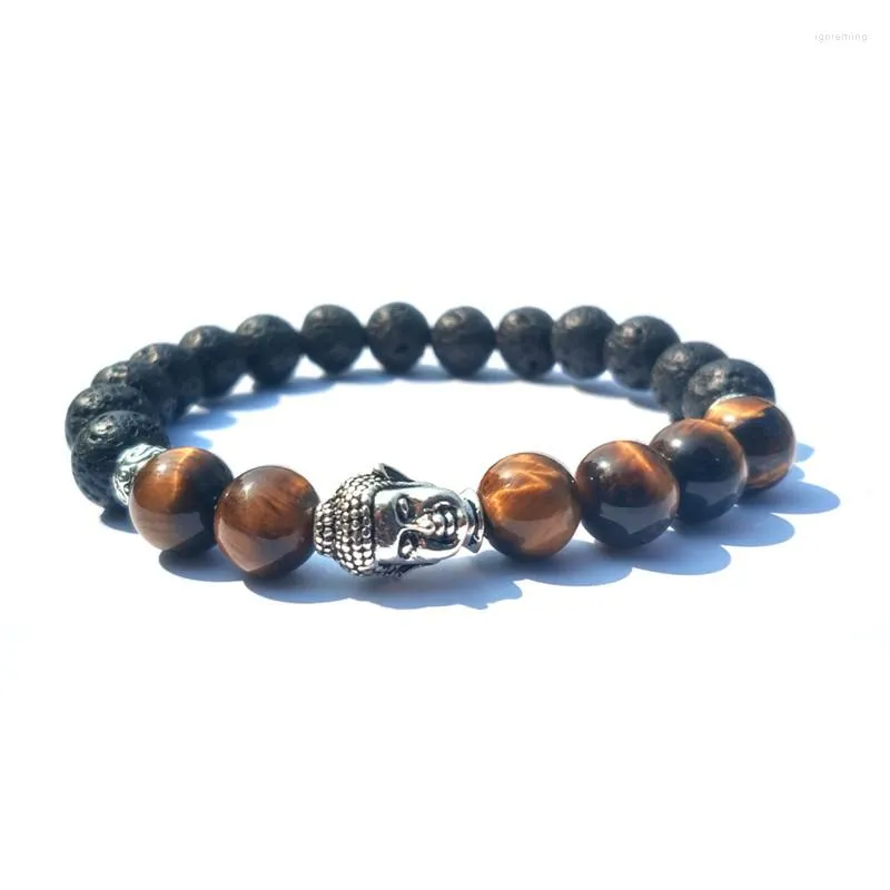 Strand Charm Buddhism Bracelet Classic Natural Stone Tiger Eye Buddha Head Energy Black Lava Beaded For Men Women Yoga Jewelry