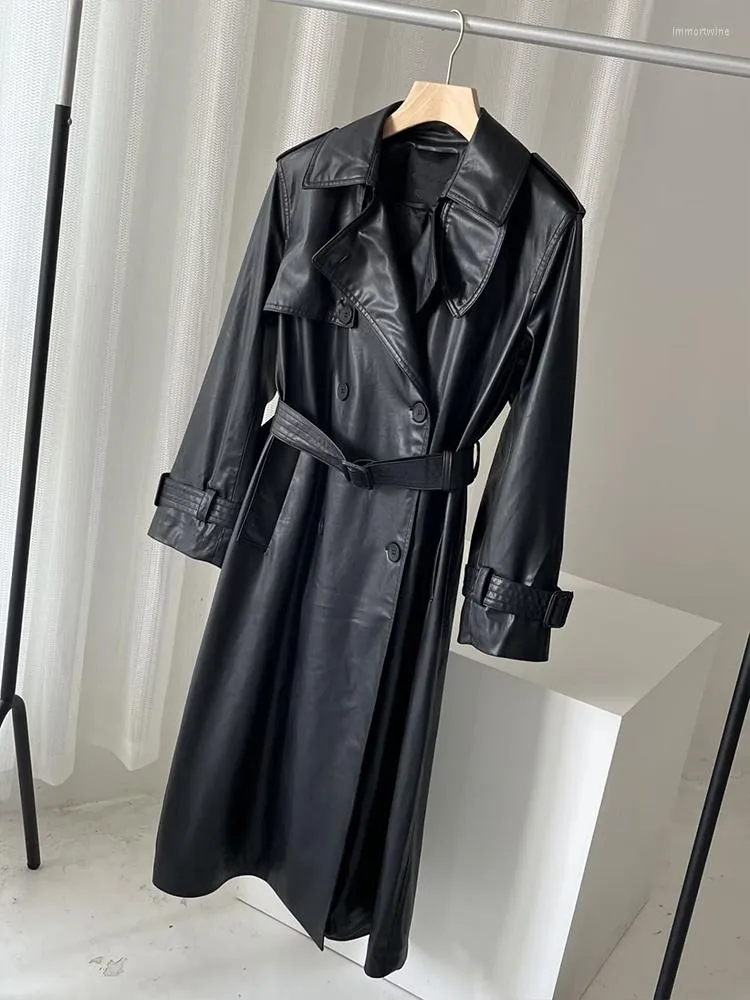 Women's Trench Coats WXWT Women Black Faux Leather Long Coat With Belt Sleeve Double Breasted Elegant Office Outerwear Autumn Winter Tops