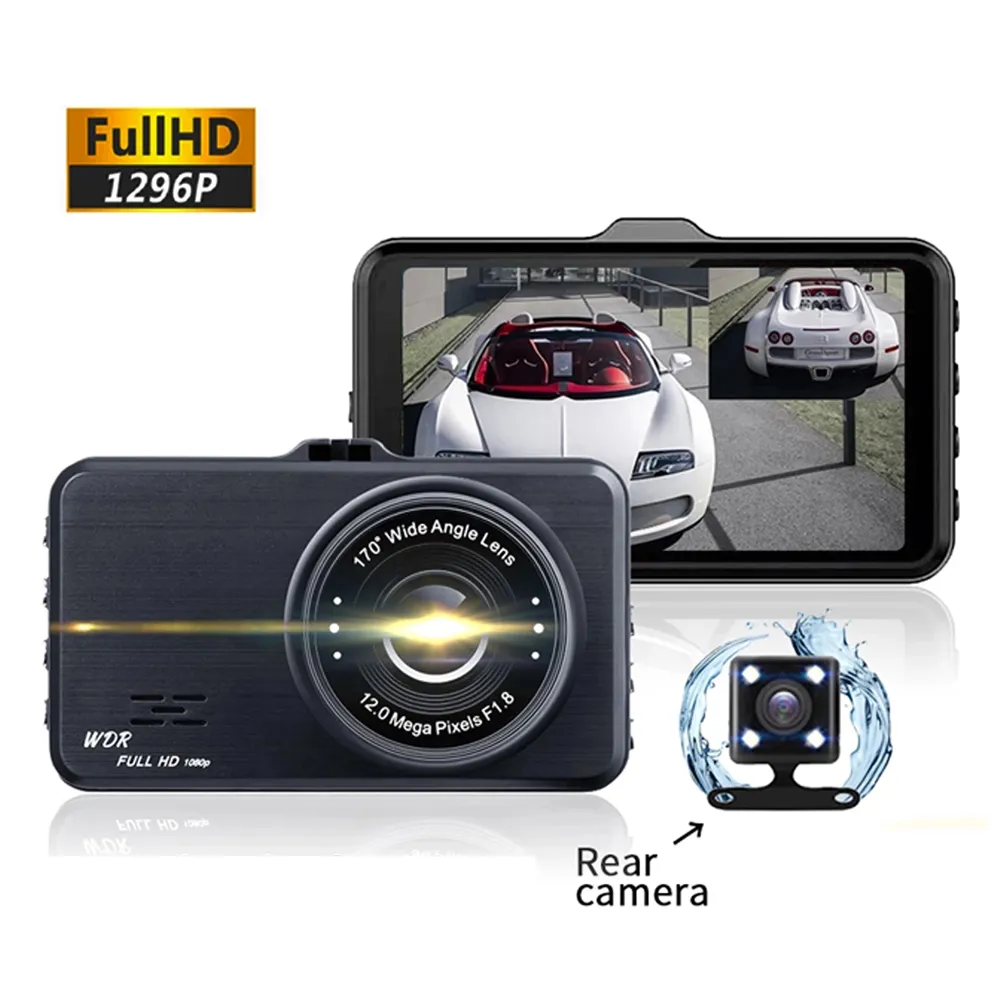 Dashcam FHD 1296P Car DVR 3 pulgadas Vista trasera Grabación en bucle G-Sensor Lente dual Cámara automática Registrador Videocámara Grabadora de video