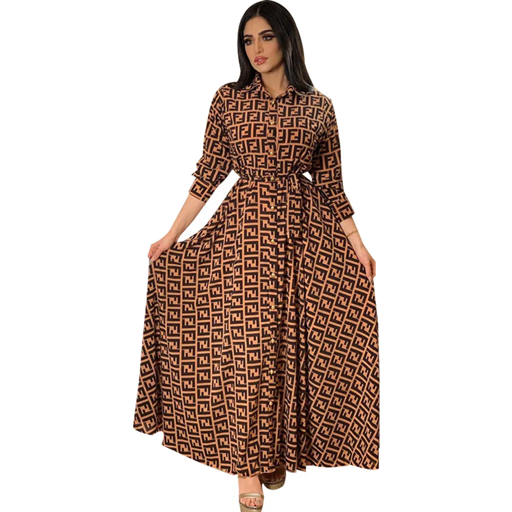 Designer Dames Casual Jurken Mode Frans Elegant voor Dames Zomer Retro Print Moslim Dubai Abaya Revers Single-breasted Shirt met lange mouwen DressI25P