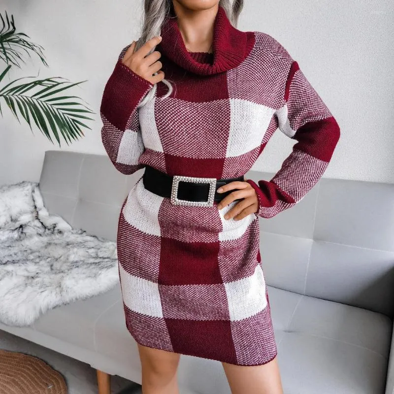 Casual Dresses Plaid Turtleneck Knitted Sweater Dress 2022 Autumn Winter Fashion Elegant Women Long Sleeve Knitwear