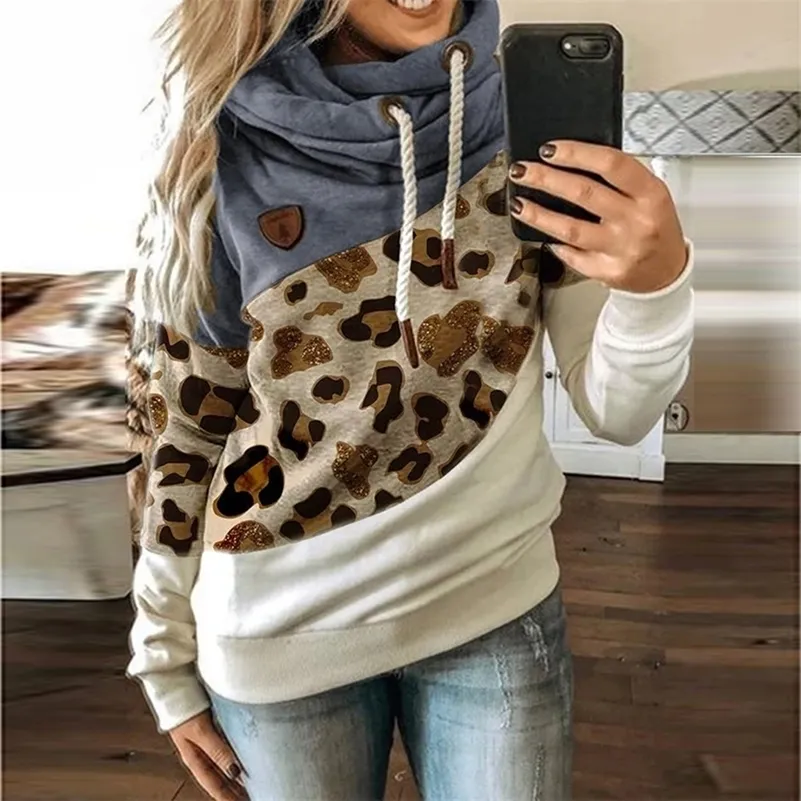 Bluzy damskie bluzy bluzy lampartowe bluza jesienna zima golf długie rękaw do sznurka sznurka z kapturem pullover streetwear 220930