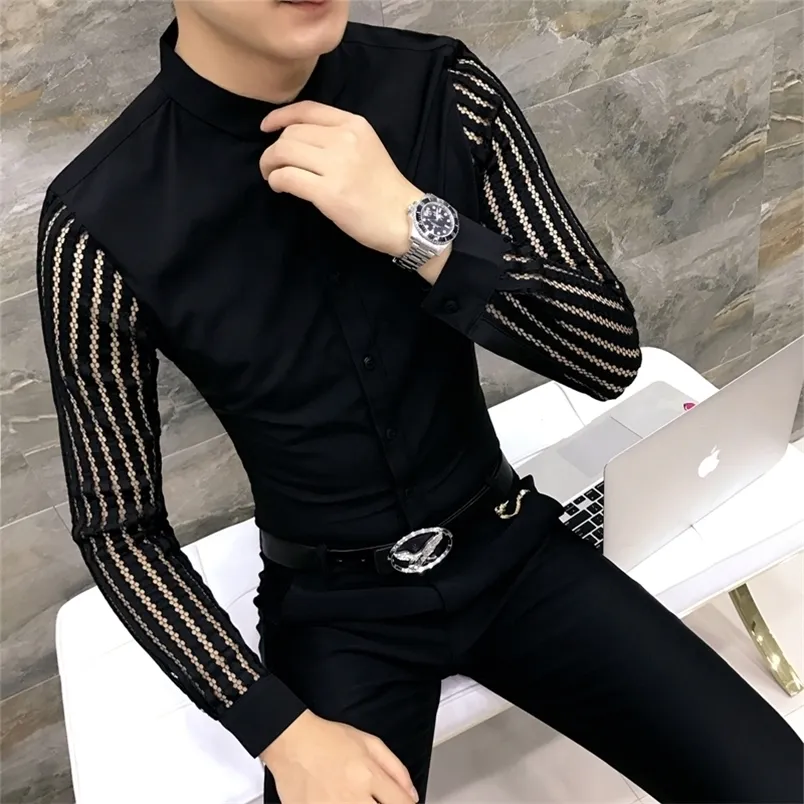 Men's Casual Shirts Mens Black White Lace Hollow Patchwork Shirt Long Sleeve Luxury Party Promshirt Petticoat Nightclub Dress Tuxedo 220930