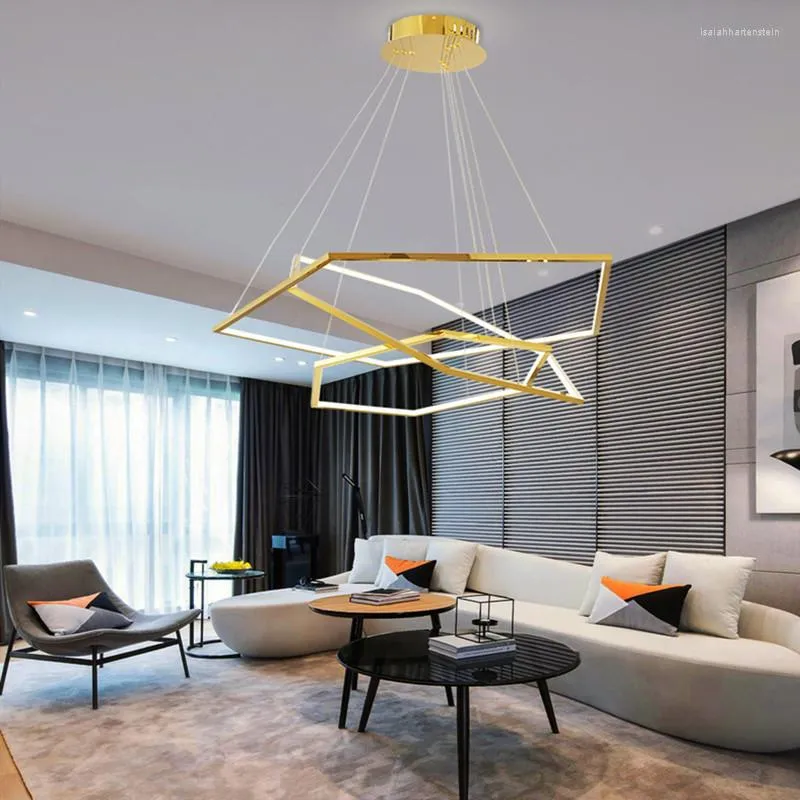 Lâmpadas pendentes Luxury Gold Hexagon Rings Chandelier Iluminação moderna Lâmpada LED de aço inoxidável leve para sala de estar El