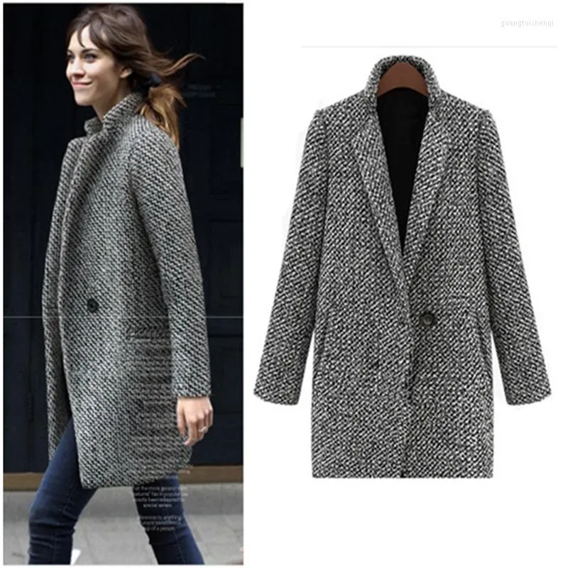 Trench-coats pour femmes Promotions Manteau d'hiver mélangé pour femmes de grande taille Épaissie à carreaux simple boutonnage Lady Coupe-vent en laine chaude et mince