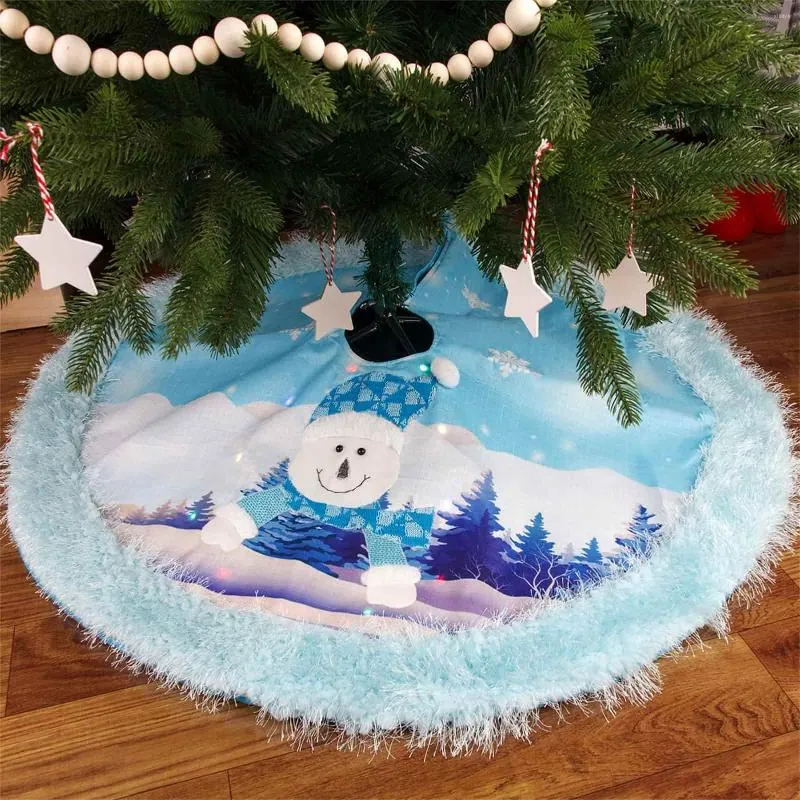 Christmas Decorations Snowman Pattern Tree Skirt Luminous Mat Decoration For 42.5 Inch White And Blue