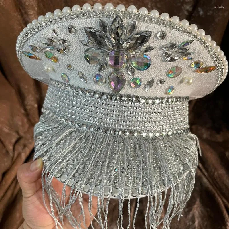 Berets Women Tassel Sergeant Captain Hat Luxury Rhinestone Bruid achthoekige bloem pailletten brandend bruids festival verjaardagsdeel