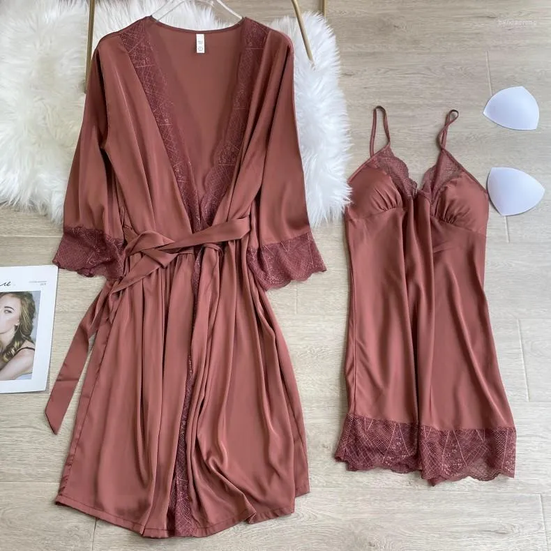 Women's Sleepwear 2PCS Robe Set Women Kimono Bathrobe Gown Satin Bride Bridesmaid Wedding Intimate Lingerie Casual Nightdress Lace Nightwear