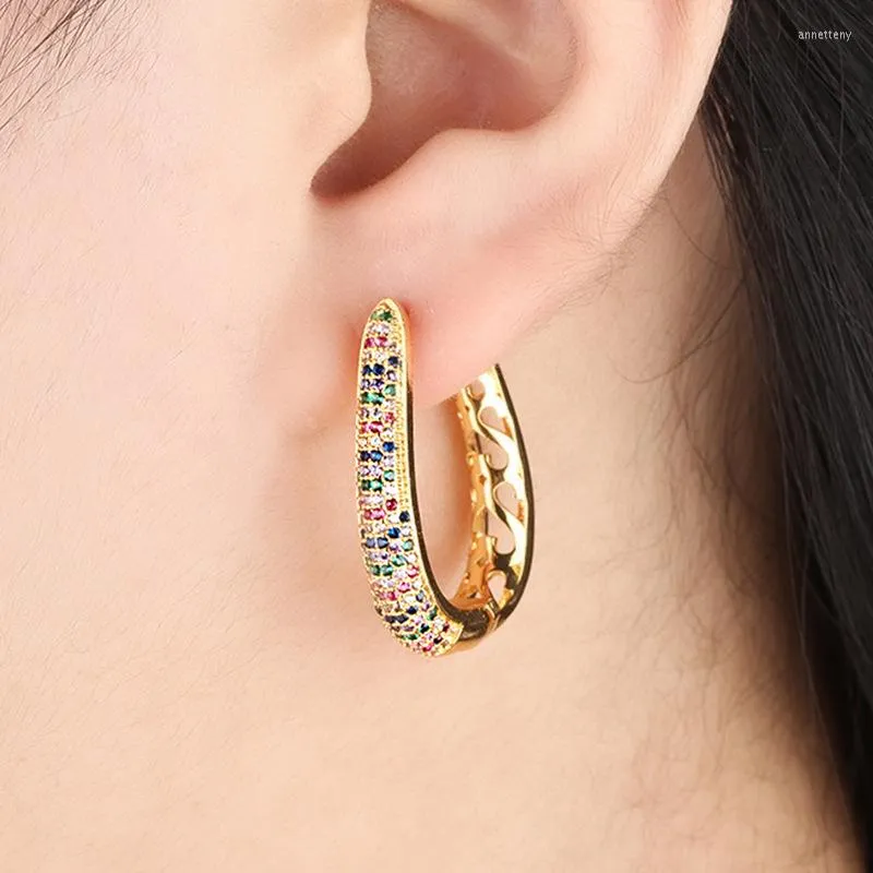 Hoop Earrings Unique Design Ellipse Hollow Flower Shape Colorful Cubic Zirconia Boho Gold Color Women Statement Jewelry