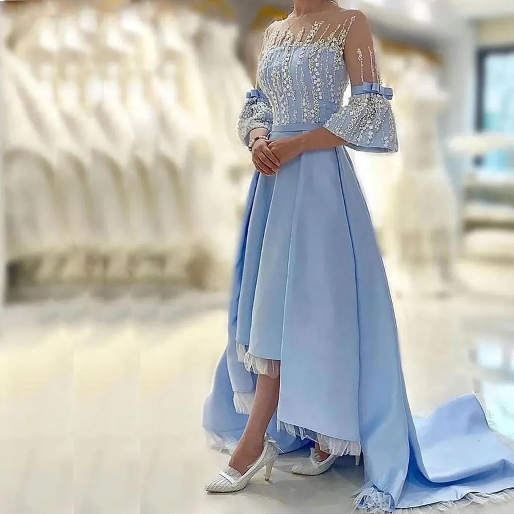 Sky Blue Asymmetrical Prom -klänningar Tärdat en linje Special OCN -klänning med tre Quater Sleeve Satin Front Short Back Long Evening Dress 326 326