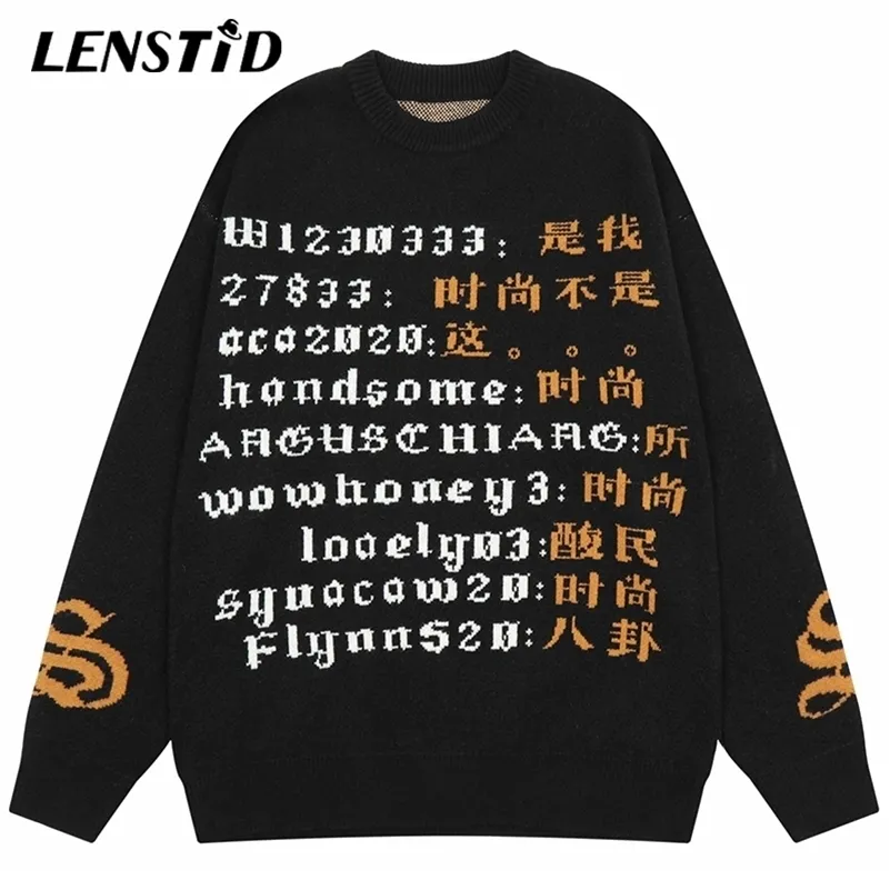 Pulls pour hommes Lenstid Automne Hommes Tricoté Jumper Hip Hop Chinois Kanji Graphique Streetwear Harajuku Casual Knit Pulls Hipster 220930