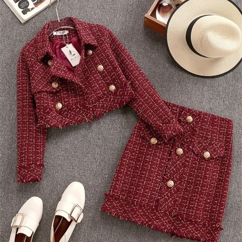 Vestido de duas pe￧as outono Inverno Fragr￢ncia Pequena Fragr￢ncia Vintage Conjunto de Tweed Mulheres Pedras de l￣ de l￣ de l￣ de l￣ curta Mini saia 2220930