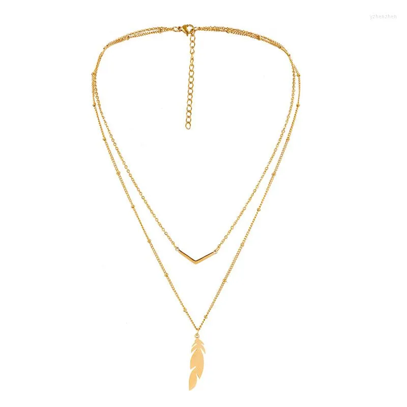 Pendant Necklaces 316L Stainless Steel Fashion Fine Jewelry 2 Layer V Feather Leaves Charm Beaded Chain Choker For Women