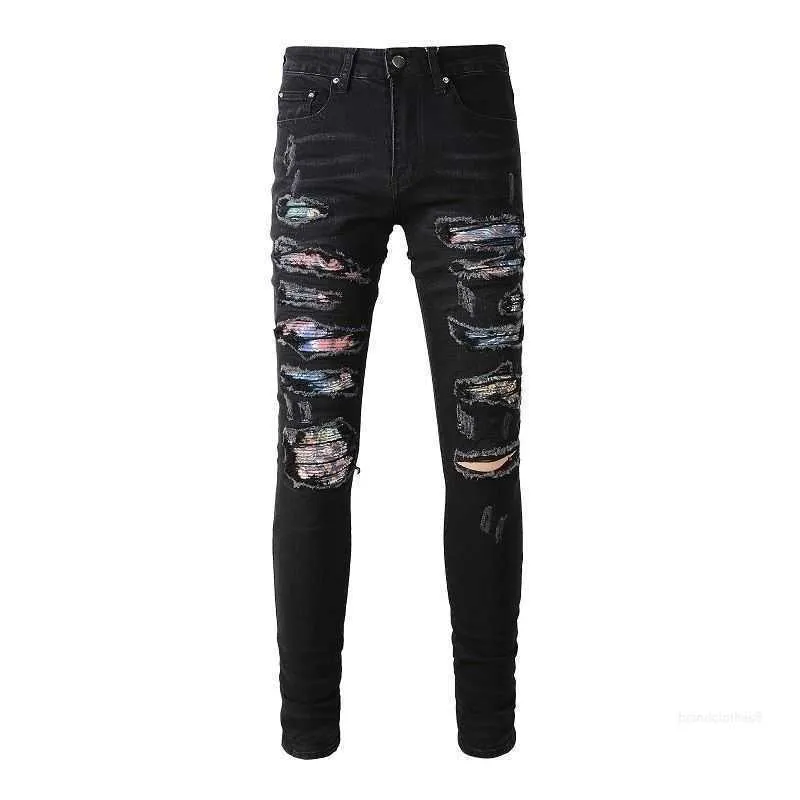 Denim amirs jeans designer byxor man faller 875 high street am mode märke svart färg patch elastisk trasig smal rak ben mens atjp