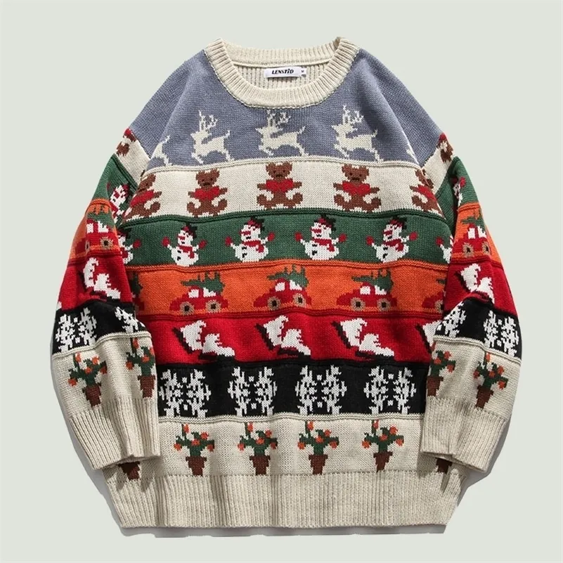 Herrtröjor hiphop jul älg snögubbe tryckt stickade par streetwear harajuku vintage casual crewneck lösa tröjor man 220930