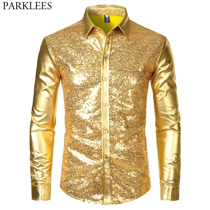 Chemises décontractées pour hommes Disco Brillant Gold Sequin Métallisé Design Robe Chemise À Manches Longues Boutonné Noël Halloween Bday Party Stage Costume 220930