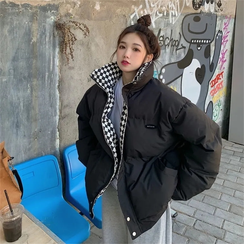 Women's Down Parkas Black and White Plaid Bread Padded Jacket Winter Thicking Loose Design Sense Of Cotton 220930