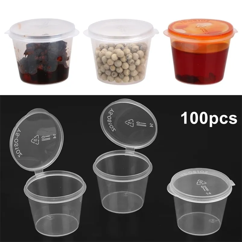 Bouteilles De Stockage Bocaux En Gros 100pcs Jetable En Plastique Transparent Sauce Pot 30ml Chutney Tasses Slime Conteneur Boîte Avec Couvercles Organisateur De Cuisine 220930