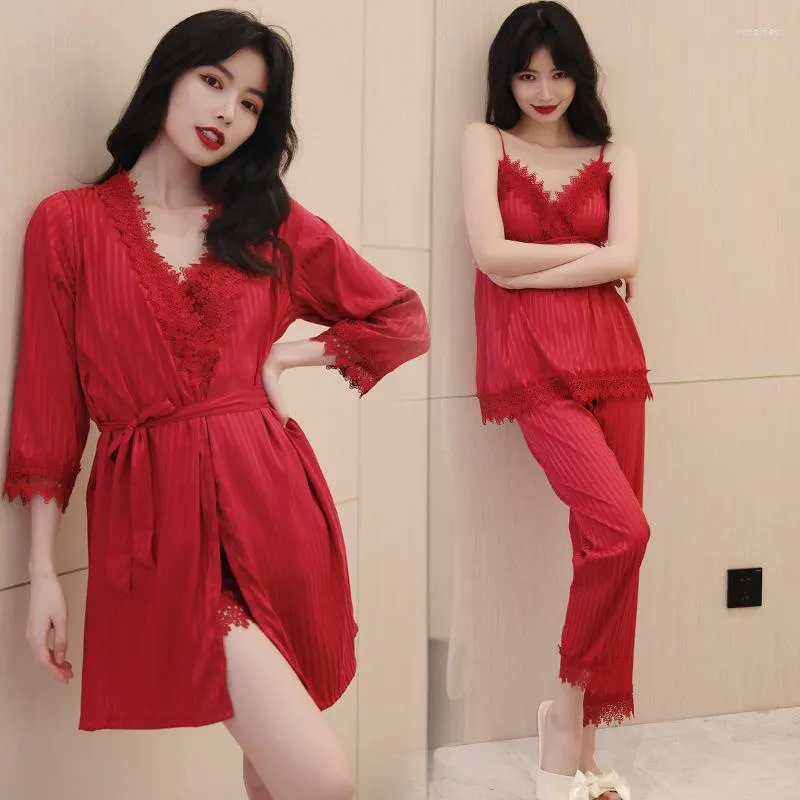 Ev Giyim Kadınlar Pijama Saten 4pcs Placeswear Çizgili Samimi İç çamaşırı Salonu Dantel Kimono Batrobe Elbise Yumuşak Nightwear PJS Set