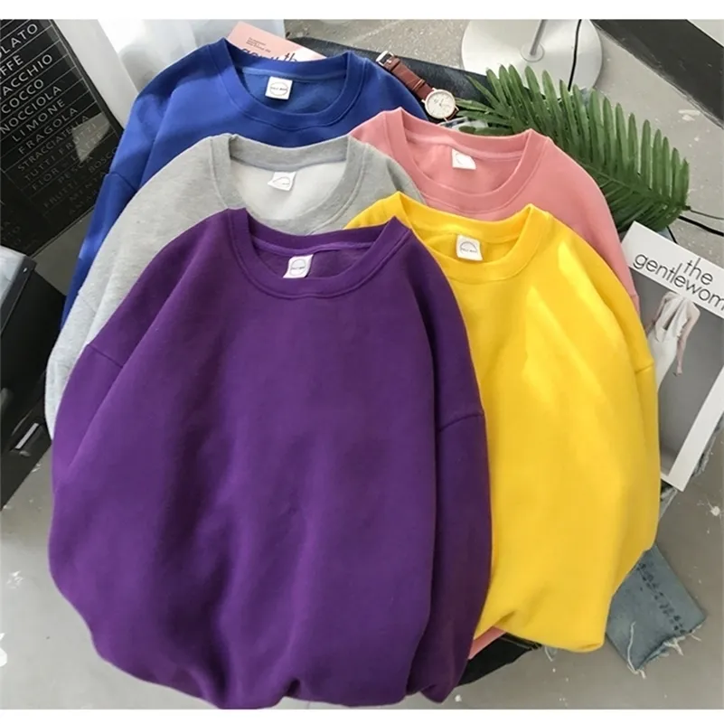 Kvinnors hoodies tröjor kvinna fast färg o-hals tröja avslappnad lös passform hoodie harajuku estetiska streetwear sammet pullover vita toppar koreanska pop 220930