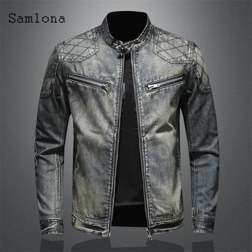 Mens Ceketler Bahar Sonbahar Erkekler Denim Moda İnce Uygun Motocycle Jean Ceket Patchwork Çok Fermuar Seksi Giyim 220930