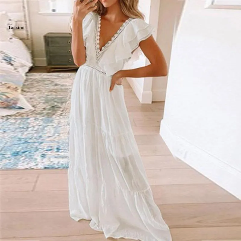 Casual klänningar sommar kvinnor lång klänning elegant sexig vit cocktail prom maxi djup v-ringning utanför axeln kronblad ärm vestidos