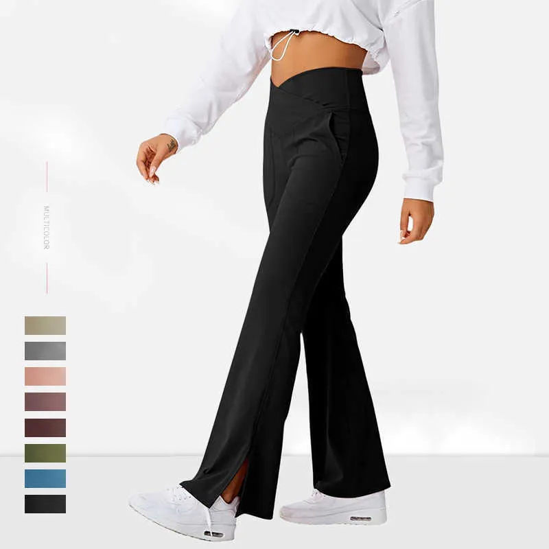 Yoga Outfits Vrouwen Crossover Split Broek Bootcut Yoga Broek Elastische Hoge Taille Volledige Lengte Flare Workout Broek Bootleg Leggings met Zakken T220930