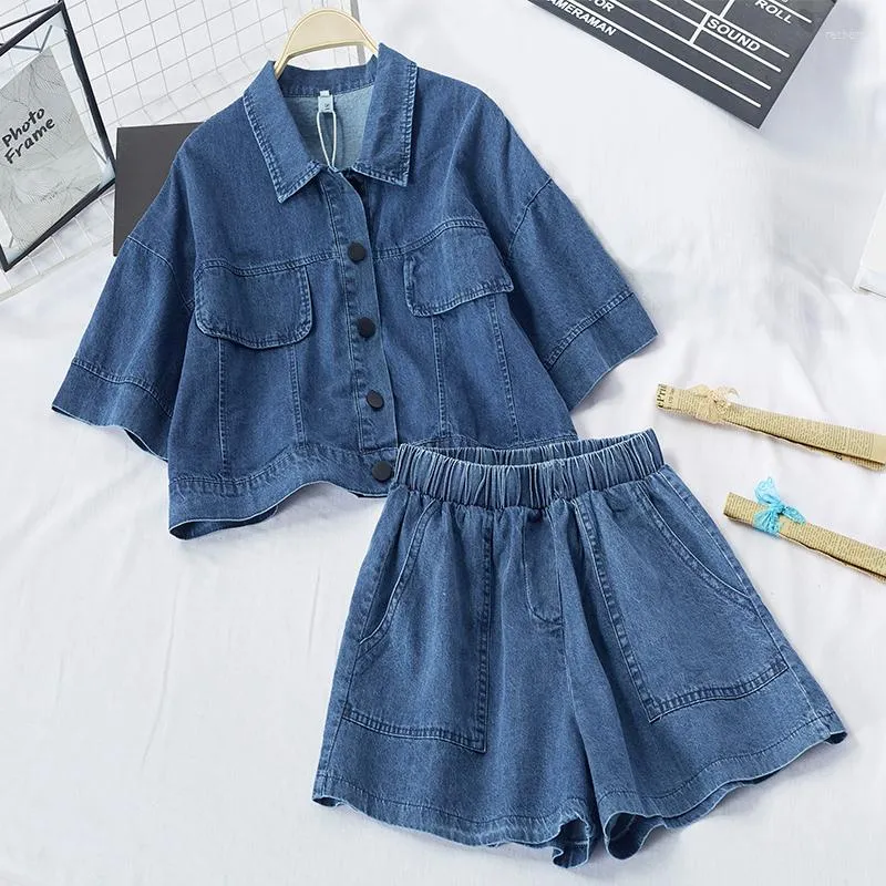 Women's Tracksuits 2022 Arrival Denim Women Outfits Streetwear Short Sleeve Jeans Coats And High Waist Wide Leg Shorts Two Pieces Sets Suits