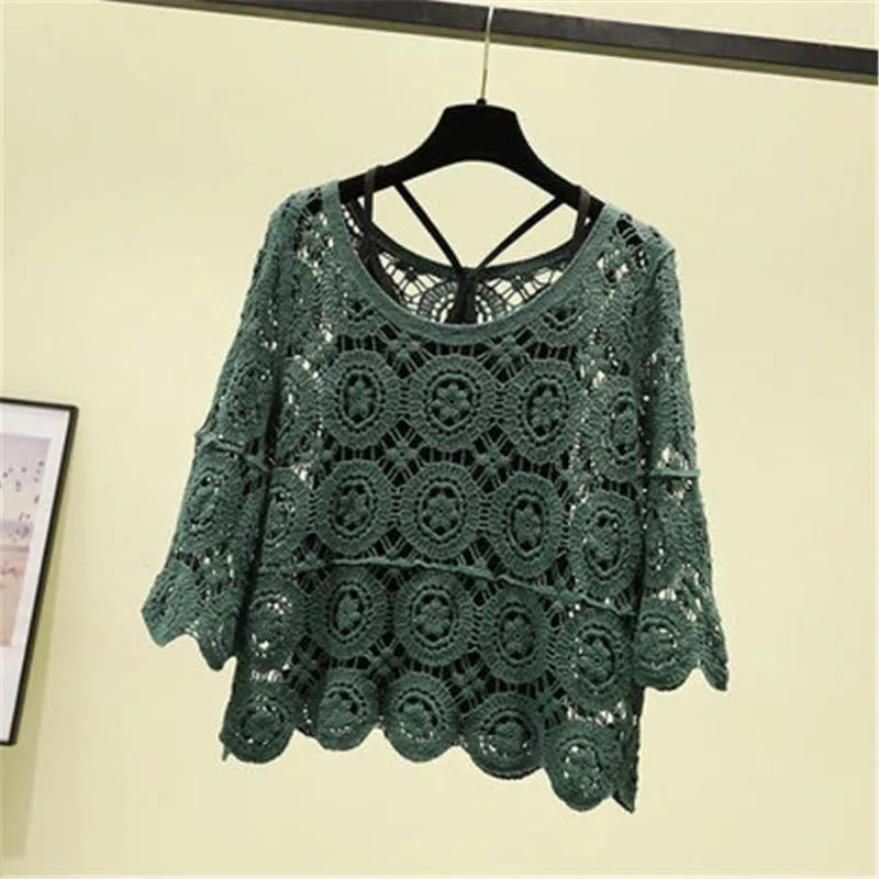 Frauen Pullover Koreanische Lose 2 Stück Set Spitze Bluse Vintage Floral Häkeln Aushöhlen Hemd Frauen 2022 Sommer Crop Tops und Blusen