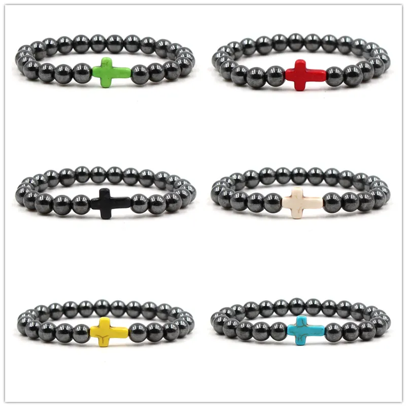 Pulseiras de miçangas de miçangas azuis de charme cruzado de 8 mm de pulseira de hematita de pulseira de pulseiras para mulheres joias de ioga