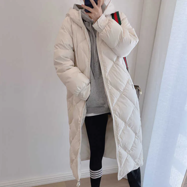 Piumino da donna Parka 2022 Donna Autunno Inverno Lungo Diamond Lattice Piumino d'anatra bianco Parka Donna Colletto alla coreana Giacca imbottita solida allentata con cappuccio T220928