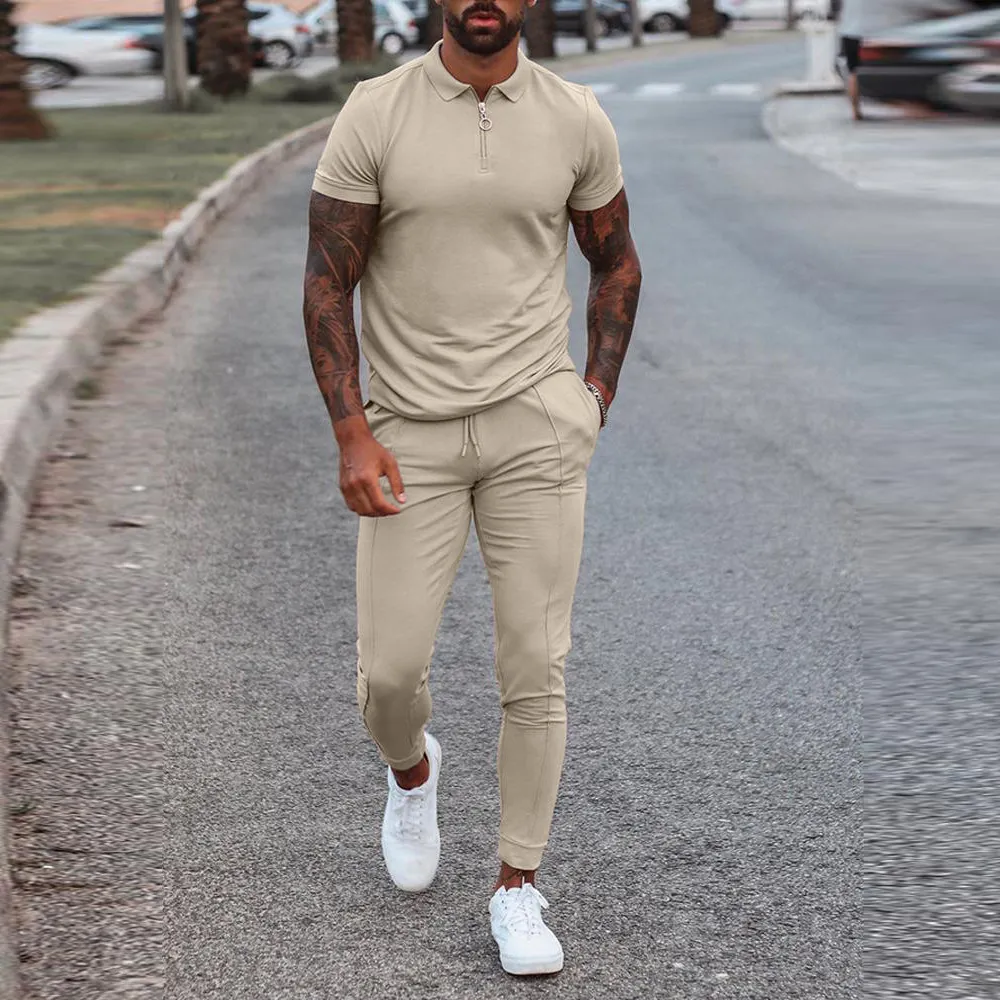 Nowi mężczyźni ustawiają letnie swobodny dres sam mężczyzna fitness solidny jogger sportowy garnitur polo Polo Polo Dwuczęściowe stroje