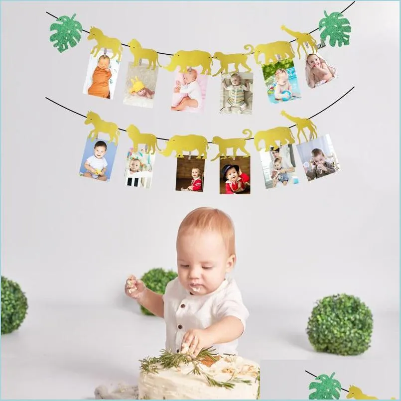 Party Decoration Jungle Safari Animal Po Banner Happy Birthday Decor Baby Shower Boy Girl Girl 1st Bunting Garland Supplies Drop Delivery Dhn12