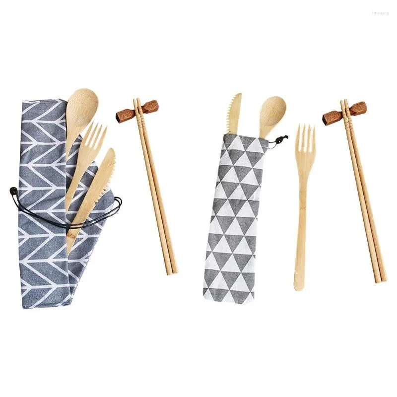 Set di stoviglie Set di posate in bambù ecologico di utensili in legno con cucchiaio, forchetta, coltelli e bacchette riutilizzabili per il campeggio da viaggio