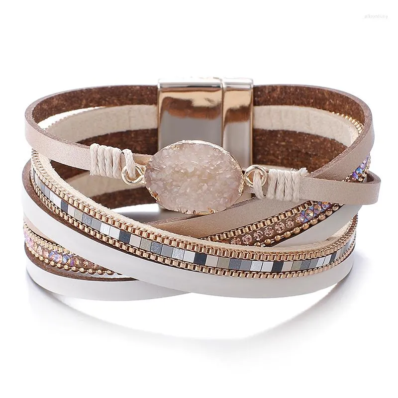 Bracelets de charme Amorcome Stone Le cuir pour les femmes 2022 Fashion Crystal dames boho multicouche ￠ wrap bracelet femelle bijoux